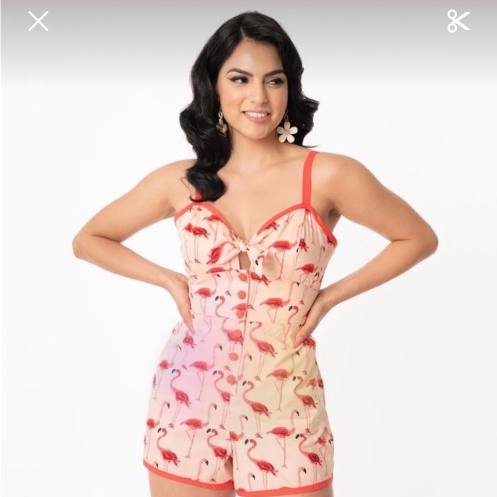 Unique Vintage Flamingo Print Romper with Red Accents
